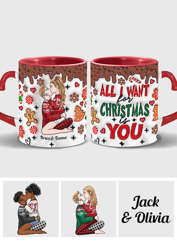 Tout ce que je veux pour Noël, c'est toi - Mug personnalisé pour couple avec anse en forme de cœur
