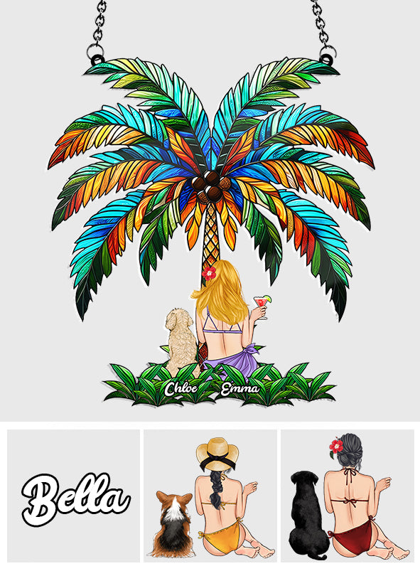 Toi et moi sous le palmier - Attrape-soleil personnalisé pour fenêtre avec motif chien