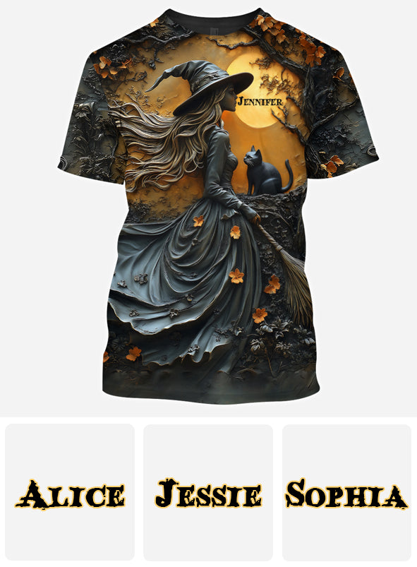 Belle sorcière et son chat noir - T-shirt personnalisé sorcière intégrale