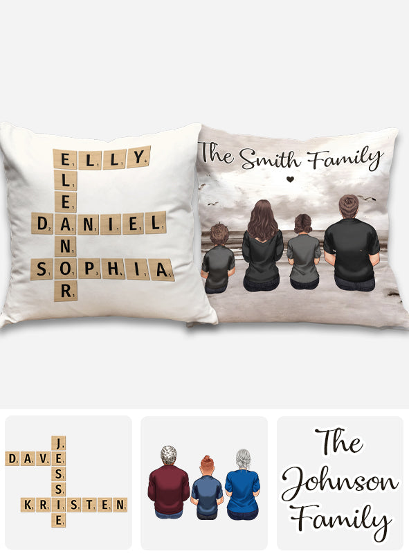 Coussin décoratif familial personnalisé avec mots croisés