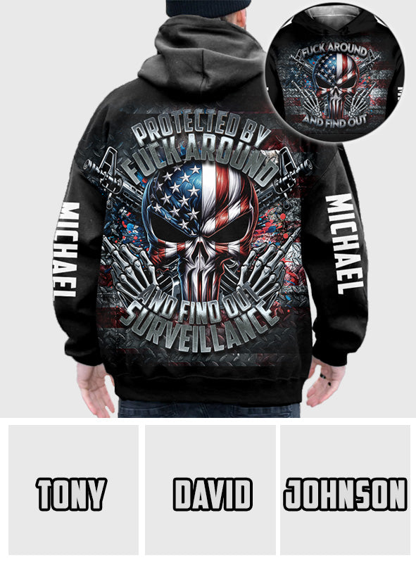 Protégé par la surveillance "Fck Around and Find out" - T-shirt personnalisé tête de mort sur toute la surface