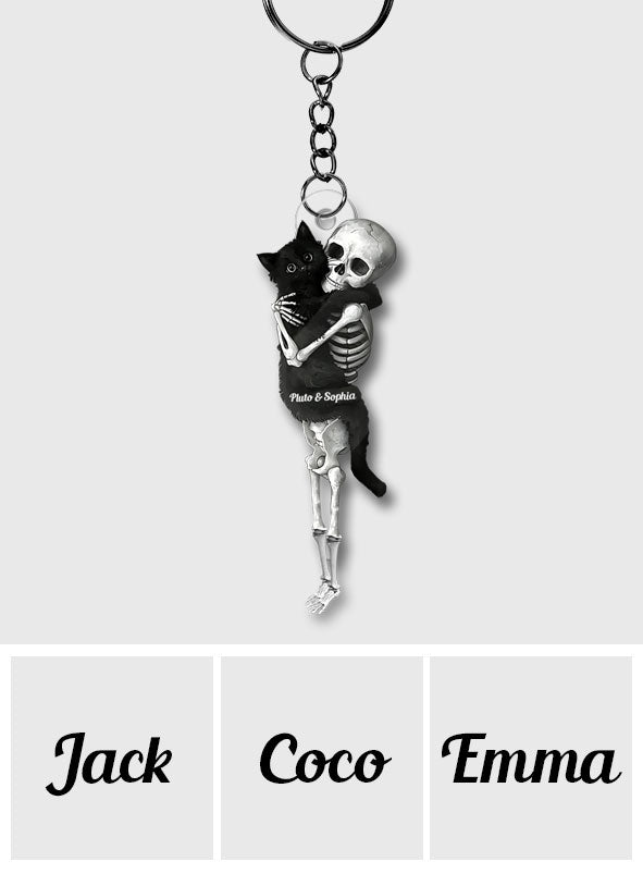 Funny Skeleton & Cat - Personalized Black Cat Custom Shaped Keychain
