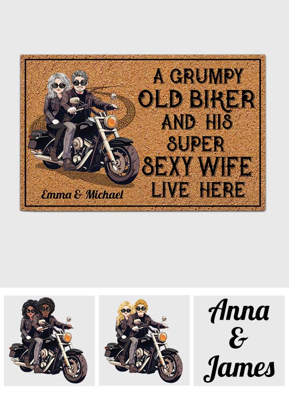 Paillasson personnalisé « Motard âgé et sa femme sexy »