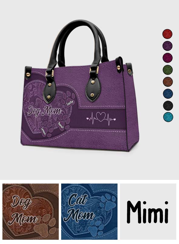 Sac à main en cuir personnalisé pour chien « Maman de chien, maman de chat, cœur et pattes »