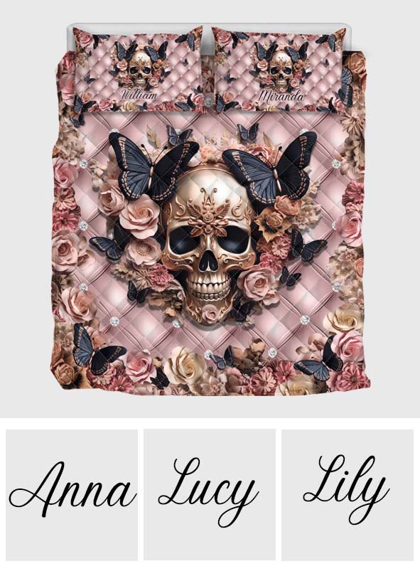 Crâne rose et papillons noirs - Ensemble de courtepointe personnalisé à motif crâne
