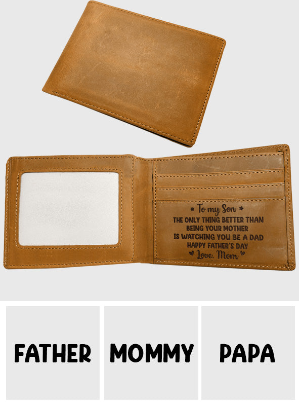 À mon fils, de la part de maman et papa. Bonne fête des pères ! Vue arrière - Portefeuille en cuir personnalisé pour fils