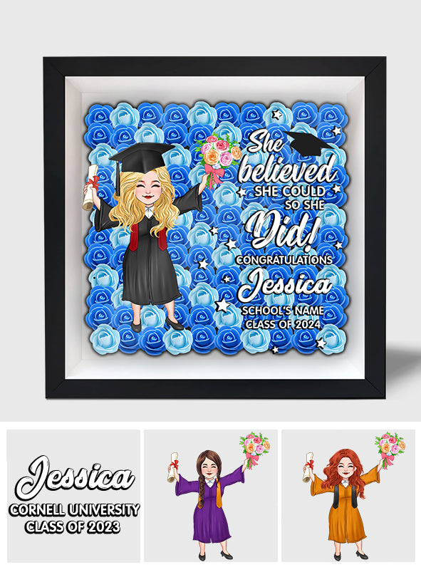 She Believed She Could So She Did - Personalized Graduation Custom Shaped Flower Shadow Box