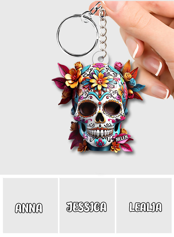 Tête de mort mexicaine florale - Porte-clés personnalisé en forme de crâne.