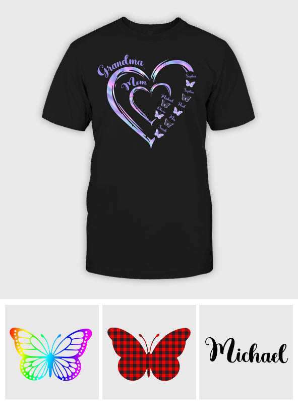 Première maman, maintenant grand-mère, version papillon - T-shirt et sweat à capuche personnalisés pour grand-mère