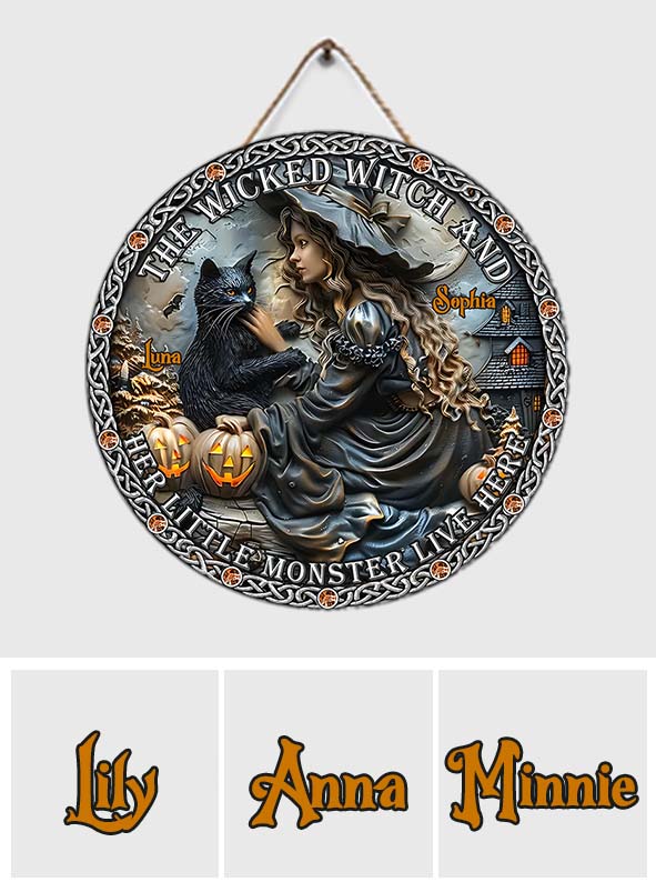 Une méchante sorcière et son petit monstre vivent ici - Panneau rond en bois personnalisé - Sorcière