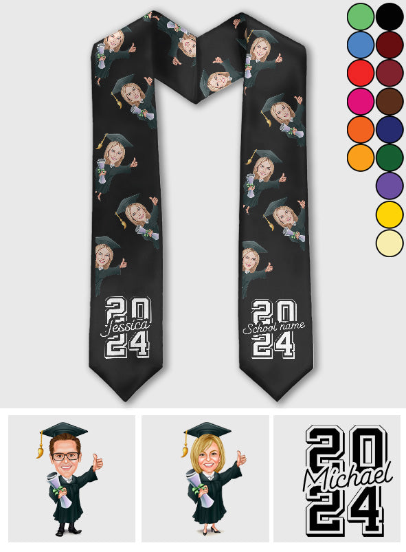 Écharpe de remise de diplôme personnalisée avec un personnage caricatural et amusant