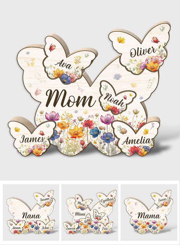 Puzzle en bois personnalisé « Maman Papillon Fleurs Sauvages » - Puzzle en bois en forme de maman