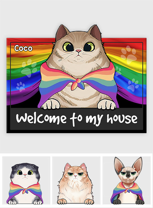 Pride Cat Welcome To My House - Personalized Cat Shaped Doormat