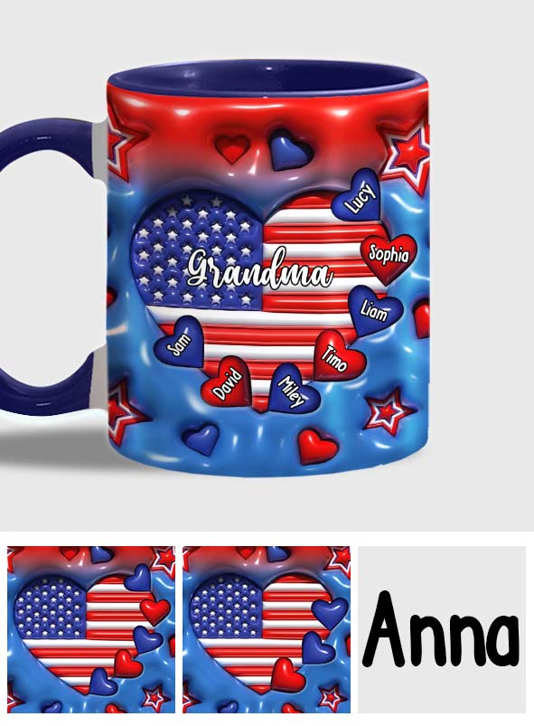 Mug personnalisé « Grand-mère et petits-enfants » avec drapeau en forme de cœur et motif Cœur gonflé