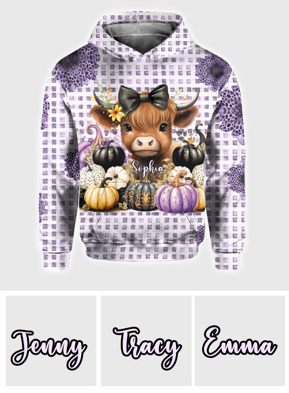 Adorable bébé vache des Highlands et citrouilles d'automne - T-shirt personnalisé intégral