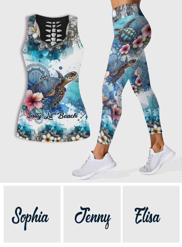 Débardeur et legging personnalisés Tortue marine Mandala Fleurs tropicales - Débardeur et legging ajourés Tortue ajourée personnalisés