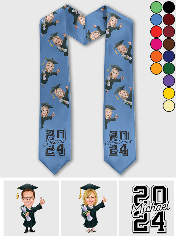 Écharpe de remise de diplôme personnalisée avec un personnage caricatural et amusant