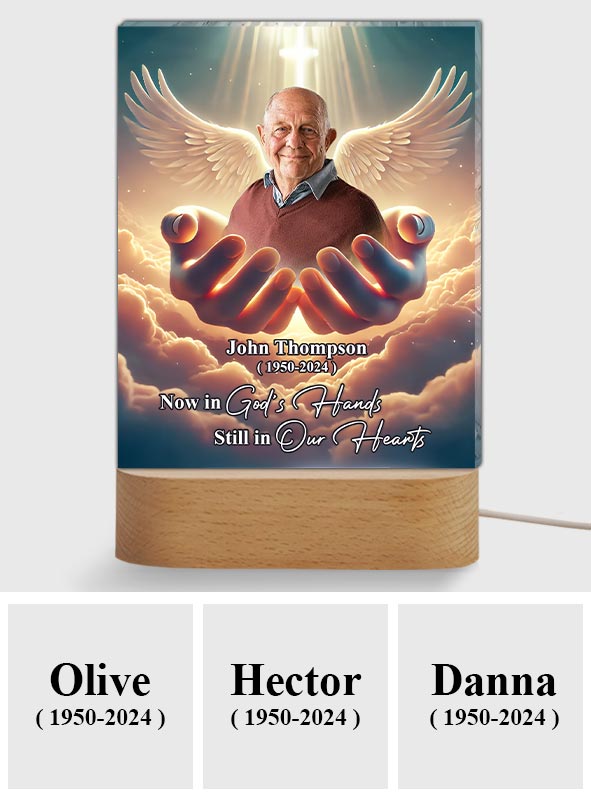 Now in God's hands Still in our hearts - Personalized Memorial Shaped Plaque Light Base
