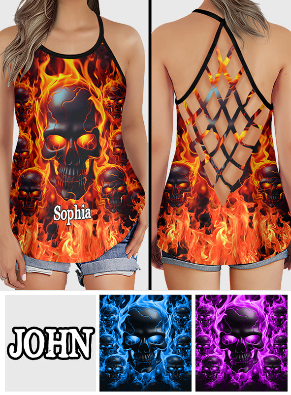 Melted Skull On Fire - Personalized Skull Cross Tank Top