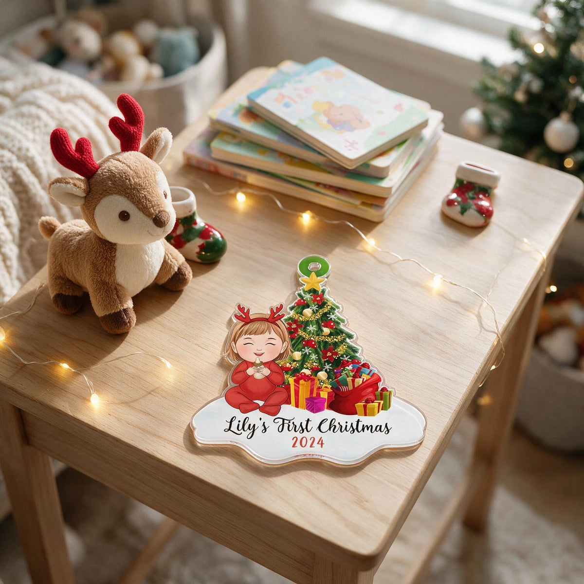 Baby Girl First Christmas Personalized Acrylic Ornament - Reindeer Headband, Christmas Tree, Custom Name Year New Baby Gift