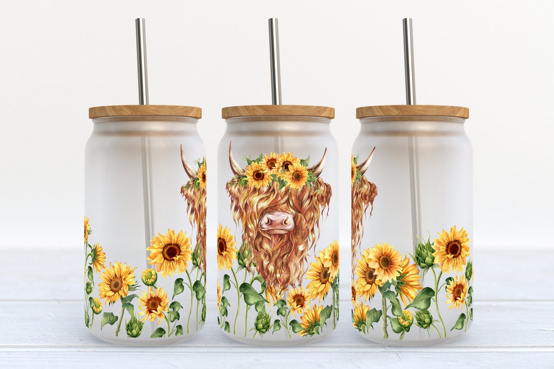 Vache des Highlands avec tournesols, canette en verre 0624