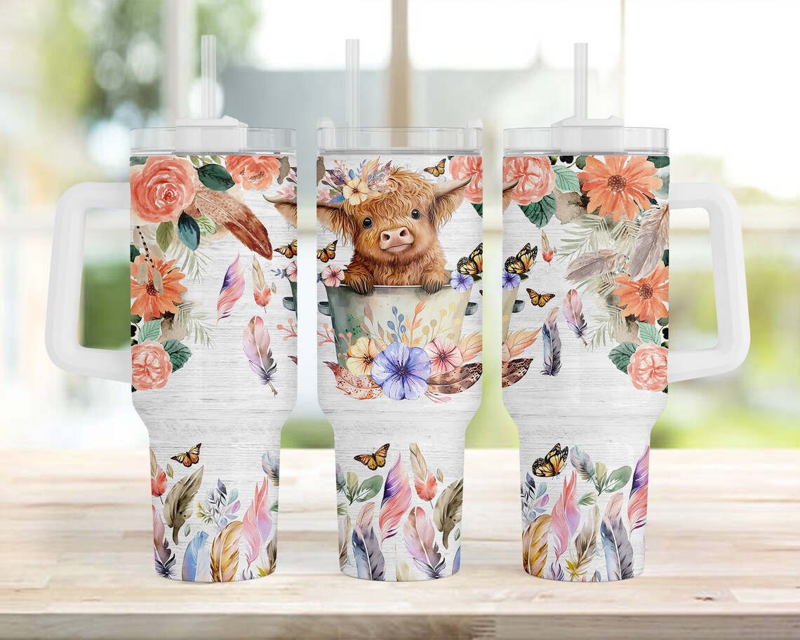 Floral Highland Cow Highland Cow Tumbler With Handle 0624