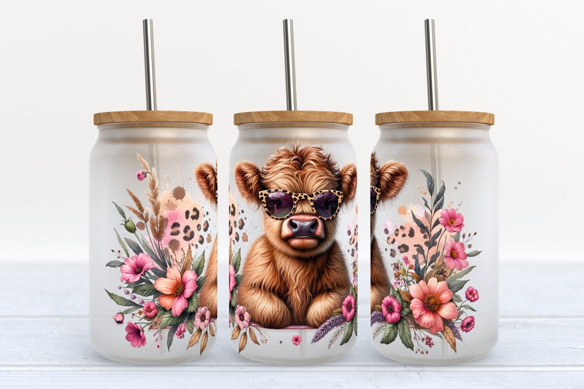 Adorables bébés vaches Highland, canette en verre 0624