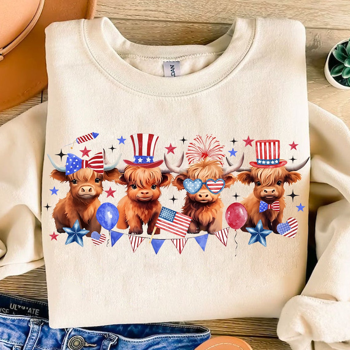 T-shirt et sweat à capuche « Vaches des Highlands » avec drapeau américain 0624