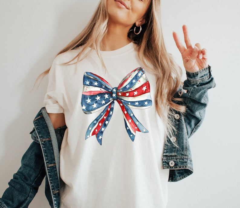 T-shirt Coquette pour le 4 juillet, T-shirt drapeau américain, T-shirt USA, T-shirt rétro 4 juillet, T-shirt d'été tendance, T-shirt à nœud Coquette, T-shirt et sweat à capuche patriotiques