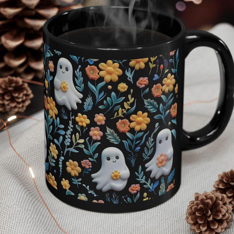 Mug vintage à motif floral fantôme pour Halloween 0924
