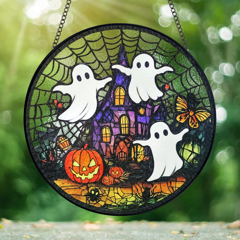 Attrape-soleil fantôme en vitrail pour décoration d'Halloween - Ornement à suspendre à la fenêtre - 0924