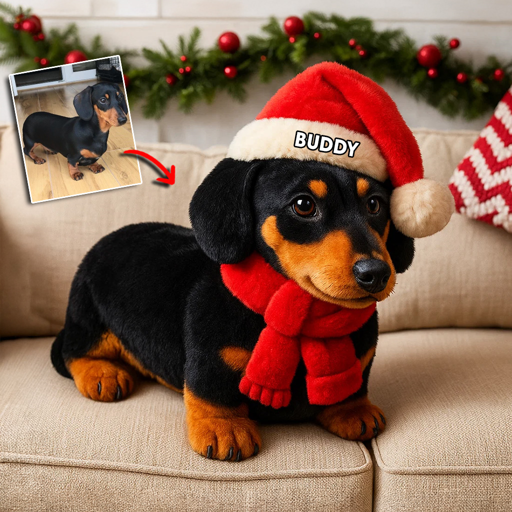 Noël pour animaux de compagnie - Coussin personnalisé en fausse fourrure en forme de teckel