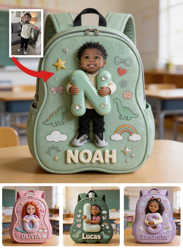 Personalized 3D Smiling Curly Haired Toddler Baby Boy Backpack Custom Name Patch Kids School Bag Gift