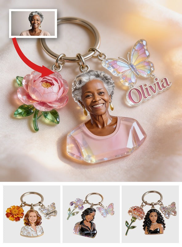 Porte-clés Portrait de Maman Noir Personnalisé - Cadeau Souvenir Sur Mesure Pour Grand-mère Avec Pivoine, Papillon et Charms de Nom