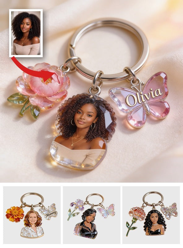 Personalized Black Woman Portrait Keychain - Custom Birth Flower & Name Charm Self Love Keepsake Gift