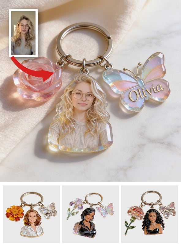 Personalized Custom Adult Woman Portrait Keychain, Custom Photo Name Rose & Butterfly Charm Self Love Gift