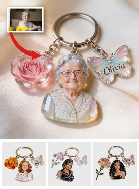 Porte-clés Portrait Personnalisé de Grand-mère avec Charms Papillon Rose, Cadeau Sentimental Personnalisé pour Grand-mère