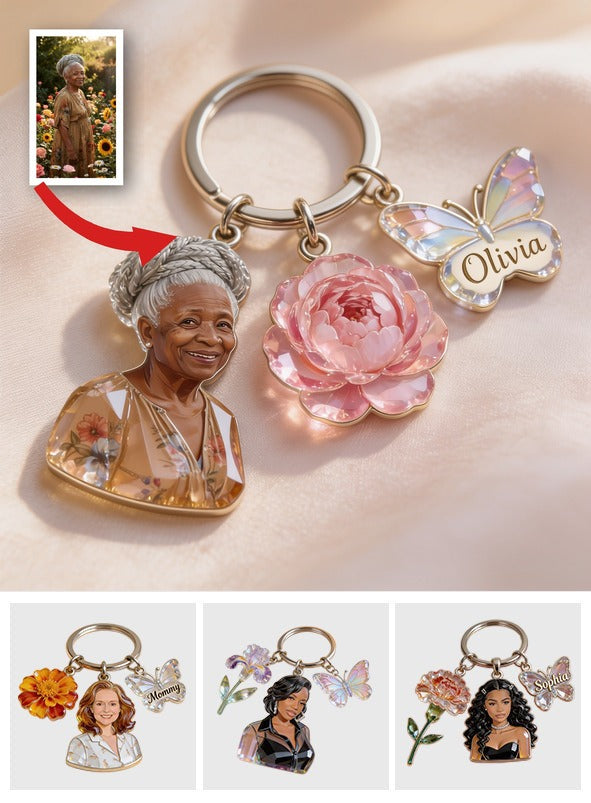 Personalized Smiling Black Grandma Portrait Keychain Custom Birth Flower Name Charm Thoughtful Grandmother Gift