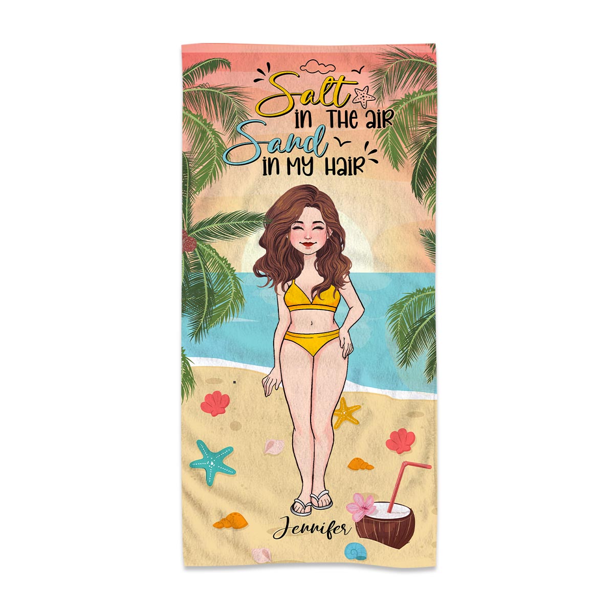 Sel dans l'air, sable dans les cheveux - Serviette de plage personnalisée pour amoureux de la mer