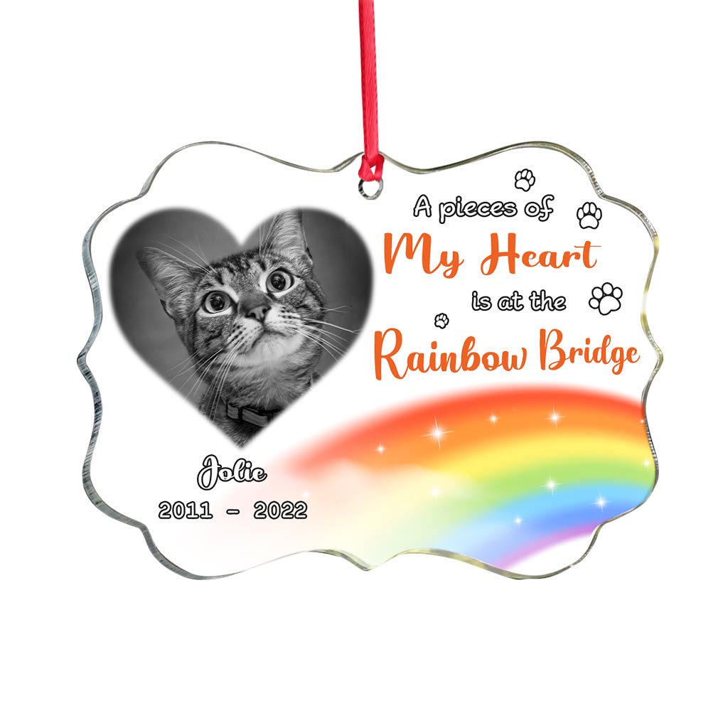 A Piece Of My Heart Is At The Rainbow Bridge - Personalized Christmas Cat Transparent Ornament