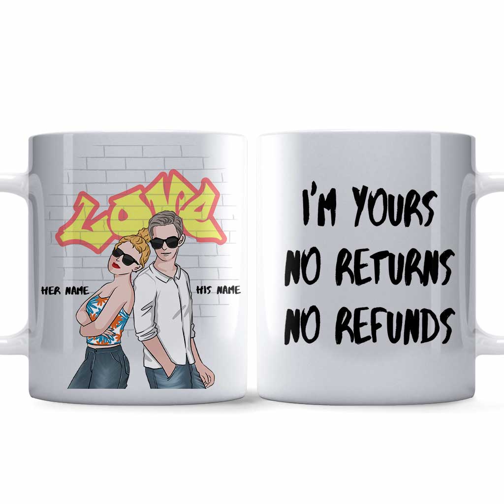 Je suis à toi. Ni retour ni remboursement. Mug personnalisé pour couple.