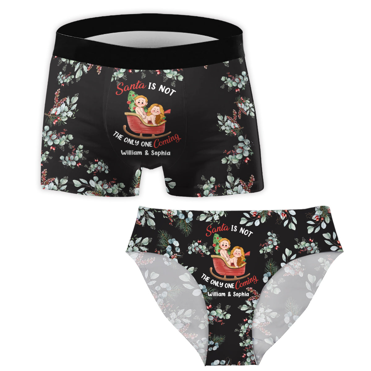 Ensemble « Le Père Noël n'est pas le seul à venir » - Slips femme et boxers homme personnalisés