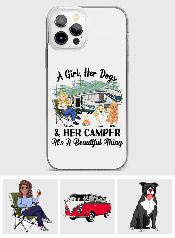 Une fille, son chien et sa caravane - Cadeau de camping pour les amoureux des chiens - Coque de téléphone transparente personnalisée