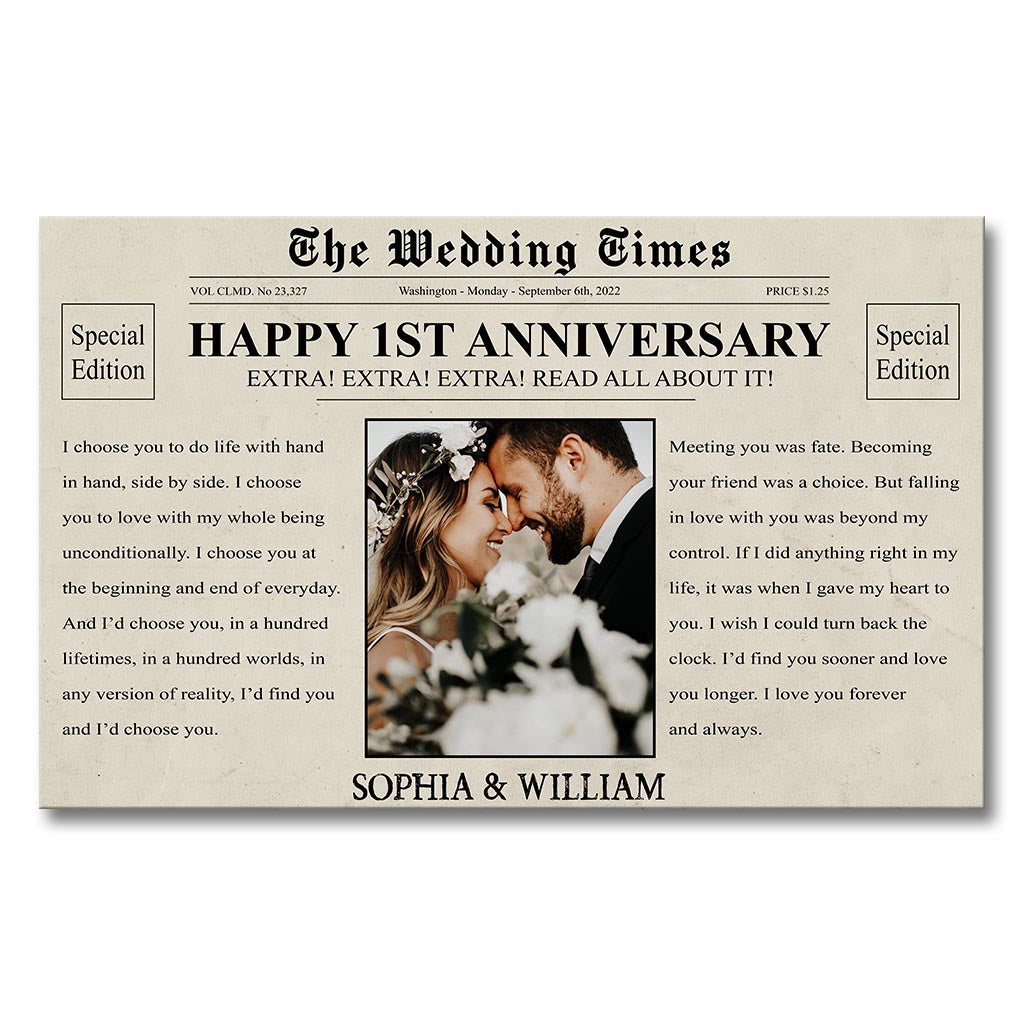 Joyeux anniversaire ! Le journal Wedding Times - Toile et affiche personnalisées pour mari et femme