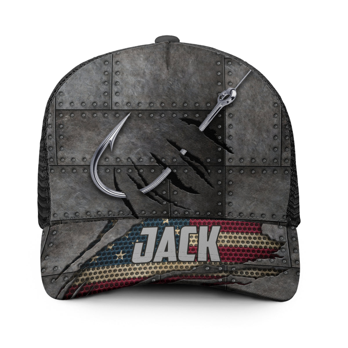 Casquette de pêcheur personnalisée Red White Blue Anglers (maille noire)