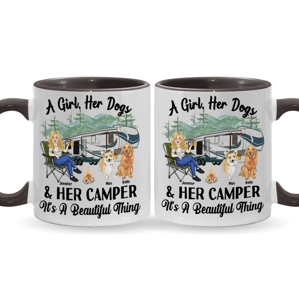 Une fille, son chien et sa caravane - Cadeau de camping pour les amoureux des chiens - Mug personnalisé