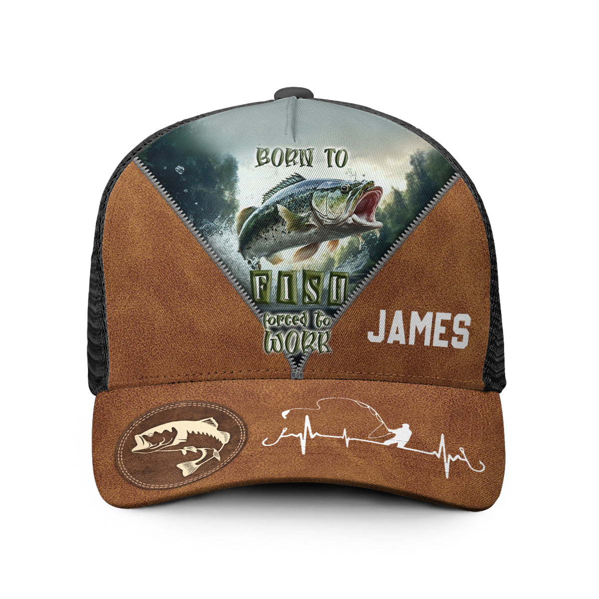 Né pour pêcher, forcé de travailler - Casquette de camionneur personnalisée sur le thème de la pêche (maille noire)