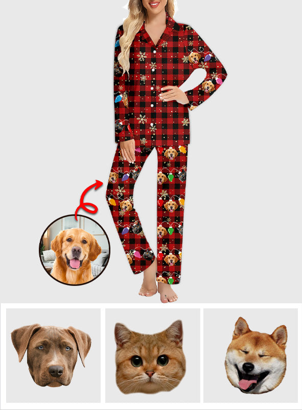 Guirlande lumineuse de Noël avec adorables visages de chiens et de chats - Cadeau pour les amoureux des chiens et des chats - Pyjama à boutons personnalisé
