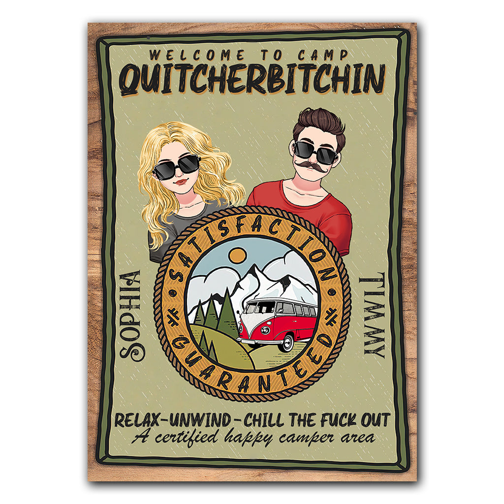 Bienvenue au Camp Quitcherbitchin - Panneau métallique rectangulaire personnalisé pour le camping