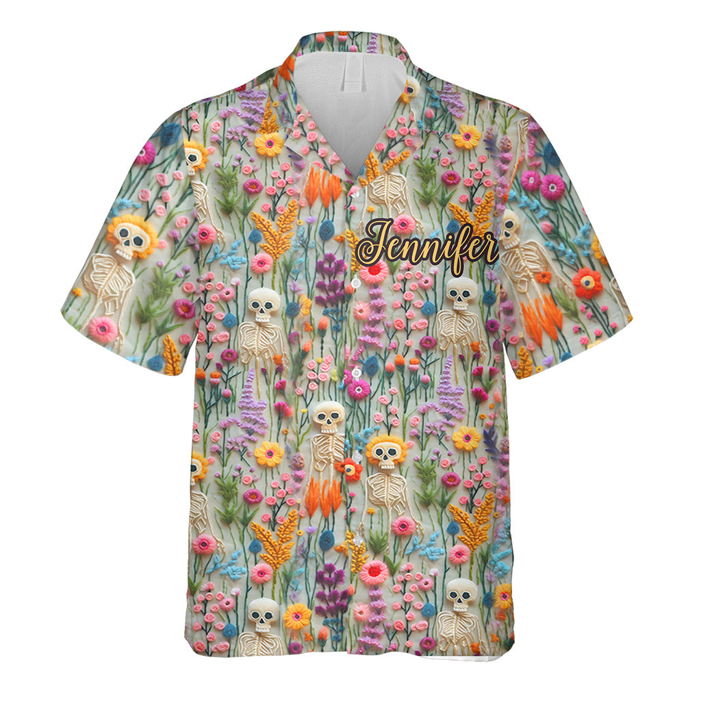 Chemise hawaïenne personnalisée à motif squelette floral et crâne